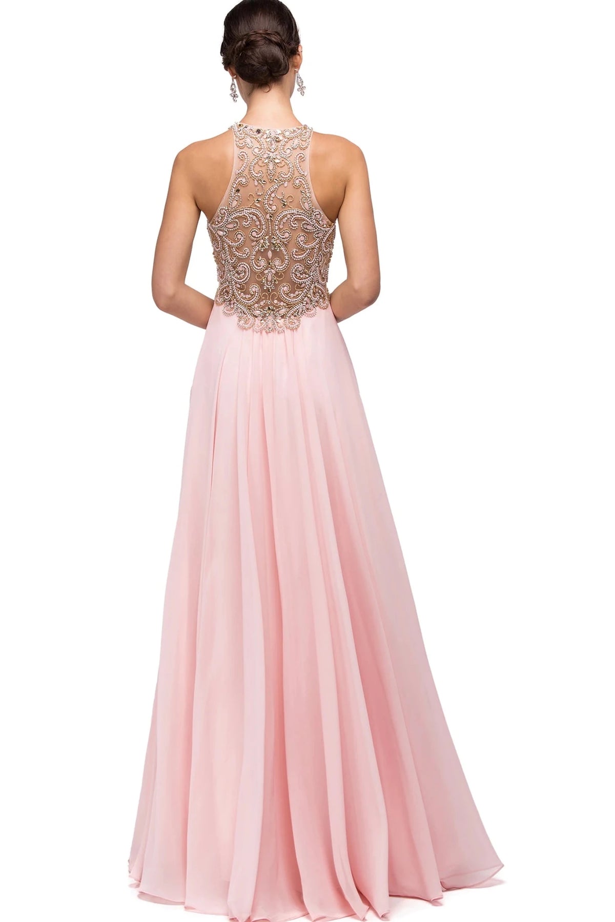 From the back, the Blush prom dress reveals its floor-length skirt.
