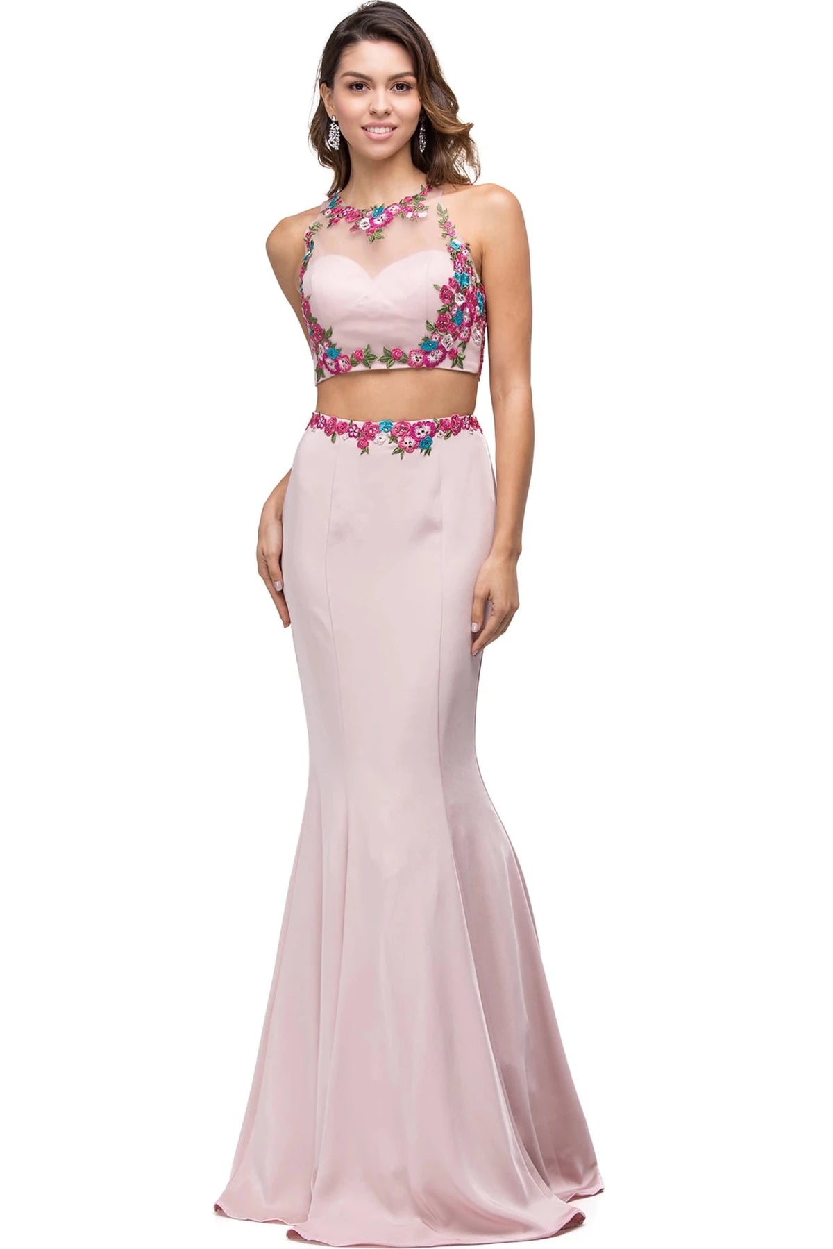 Featuring a floor-length skirt, this Blush/Fuchsia prom dress is shown in full view.