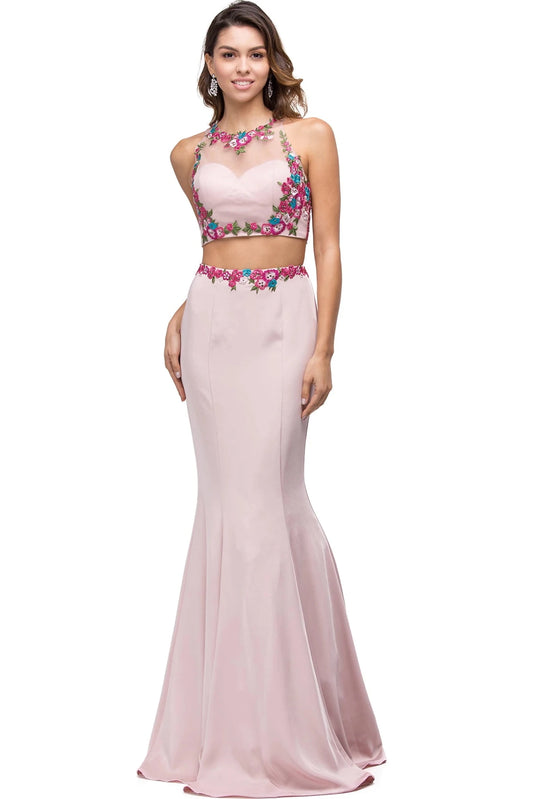 Featuring a floor-length skirt, this Blush/Fuchsia prom dress is shown in full view.
