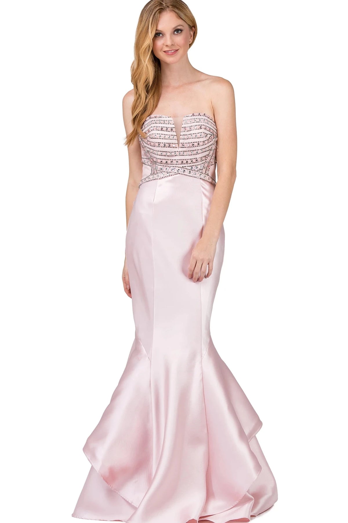 Featuring a floor-length skirt, this Blush prom dress is shown in full view.