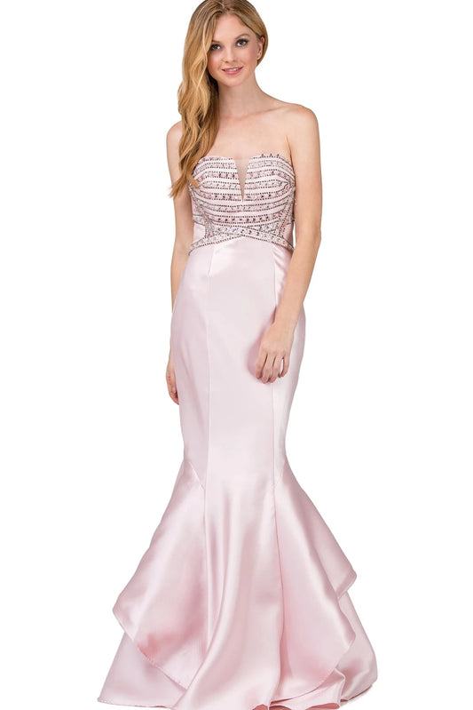 Featuring a floor-length skirt, this Blush prom dress is shown in full view.