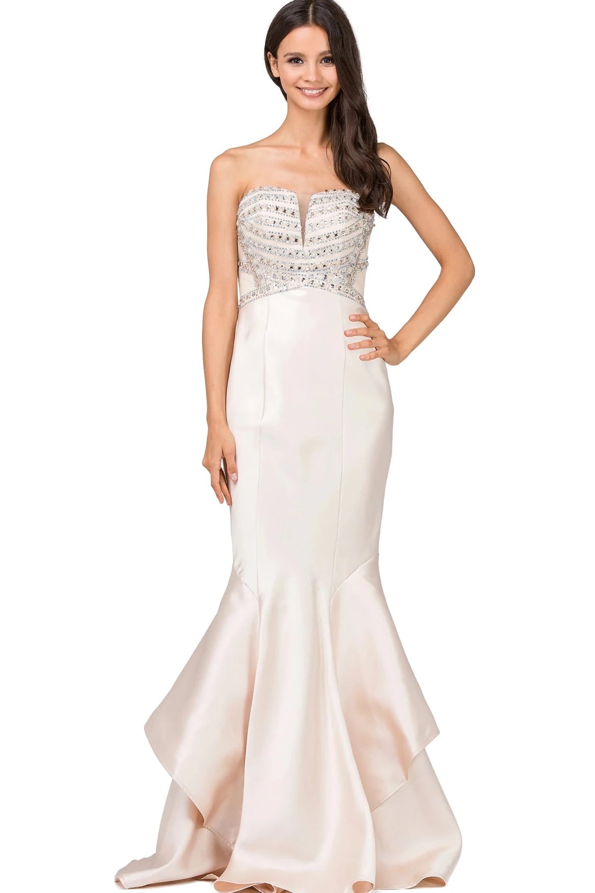 Featuring a floor-length skirt, this Champagne prom dress is shown in full view.
