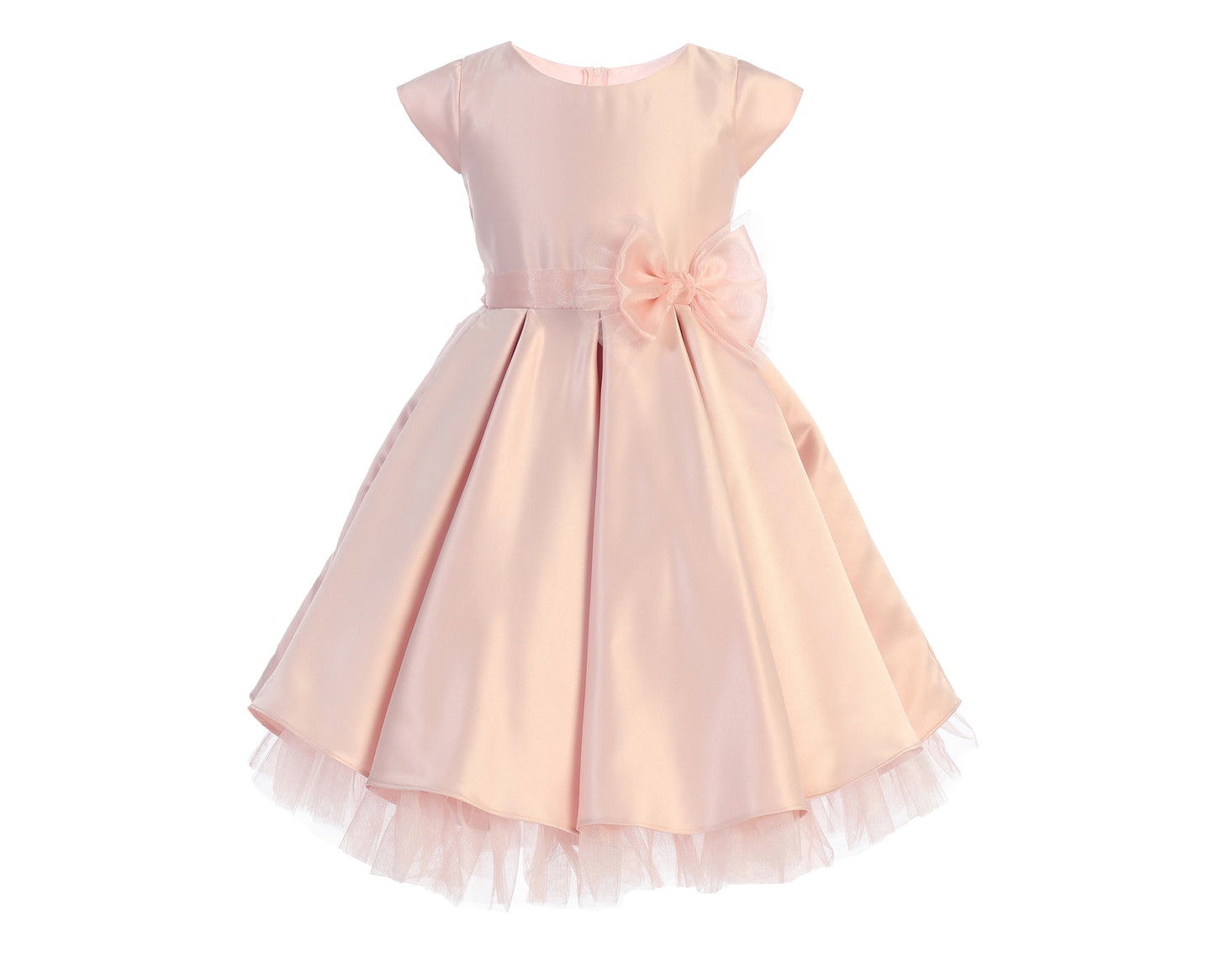 Full Pleated Satin and Crystal Tulle Dress with Detachable oversized organza tulle bow Flower Girl Dress - pink dress with bow