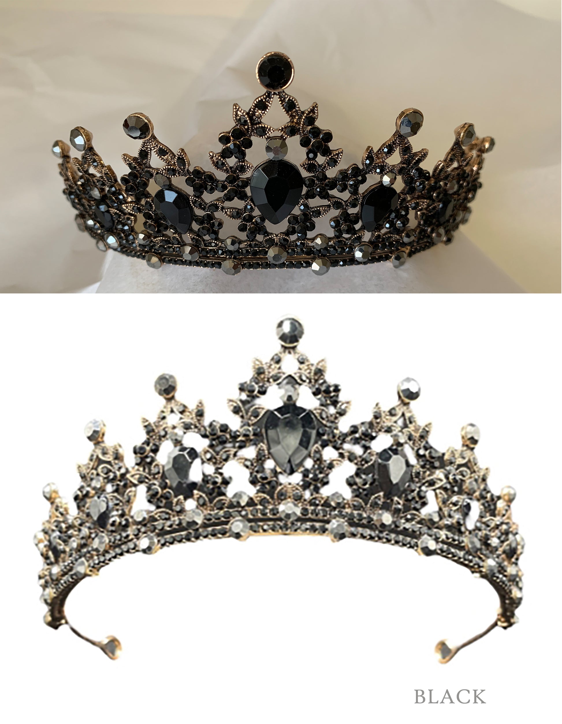 Mini Quince Tiara | 14 Colors | Quinceañera Antique Kids Rhinestone Tiara  split view of crown with black colored jewels