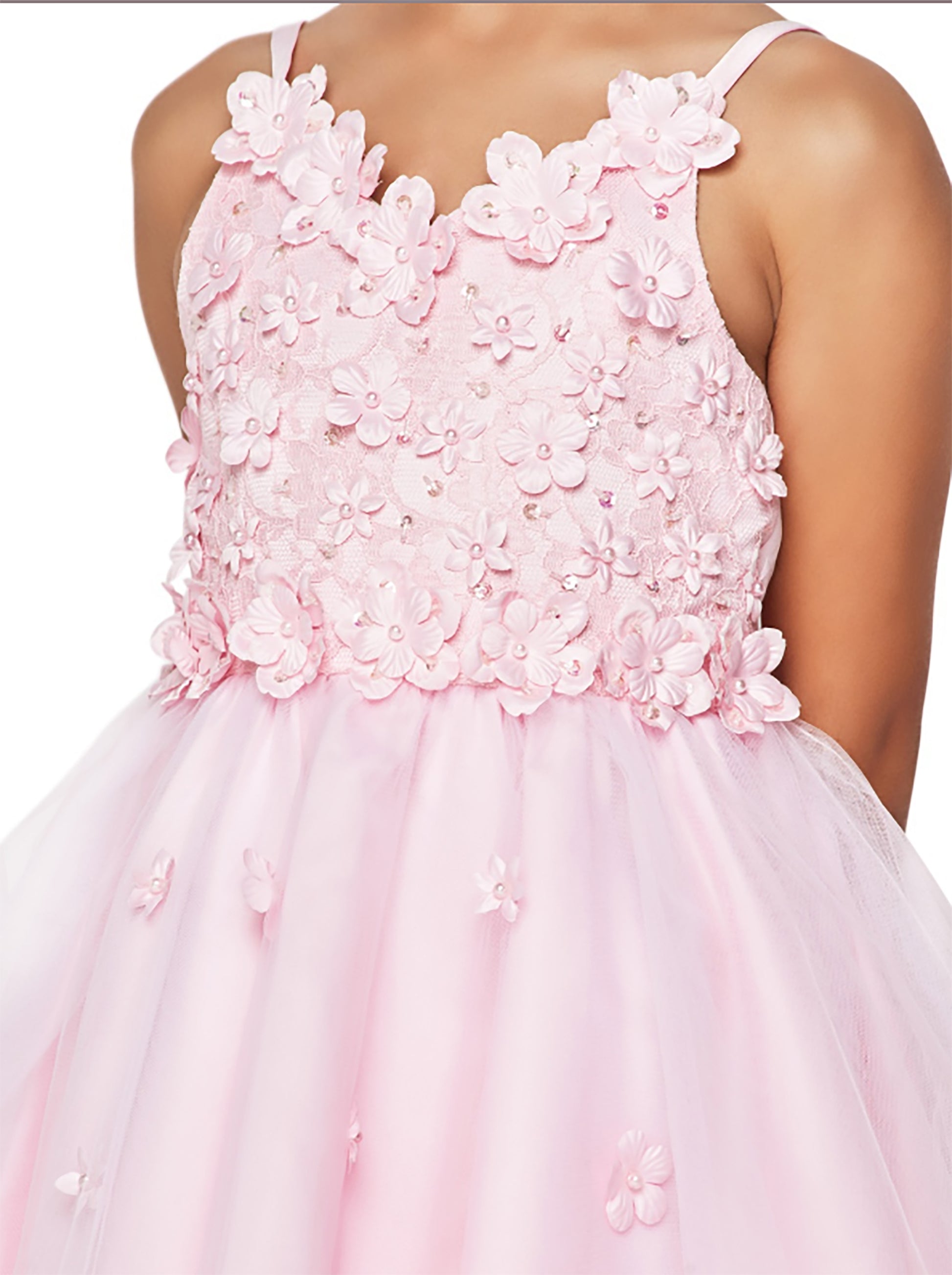 Blush High-Low Tulle Dress with Embedded 3D Floral Design | Flower Girl Dress - zoomed in front view of dress with flower pattern