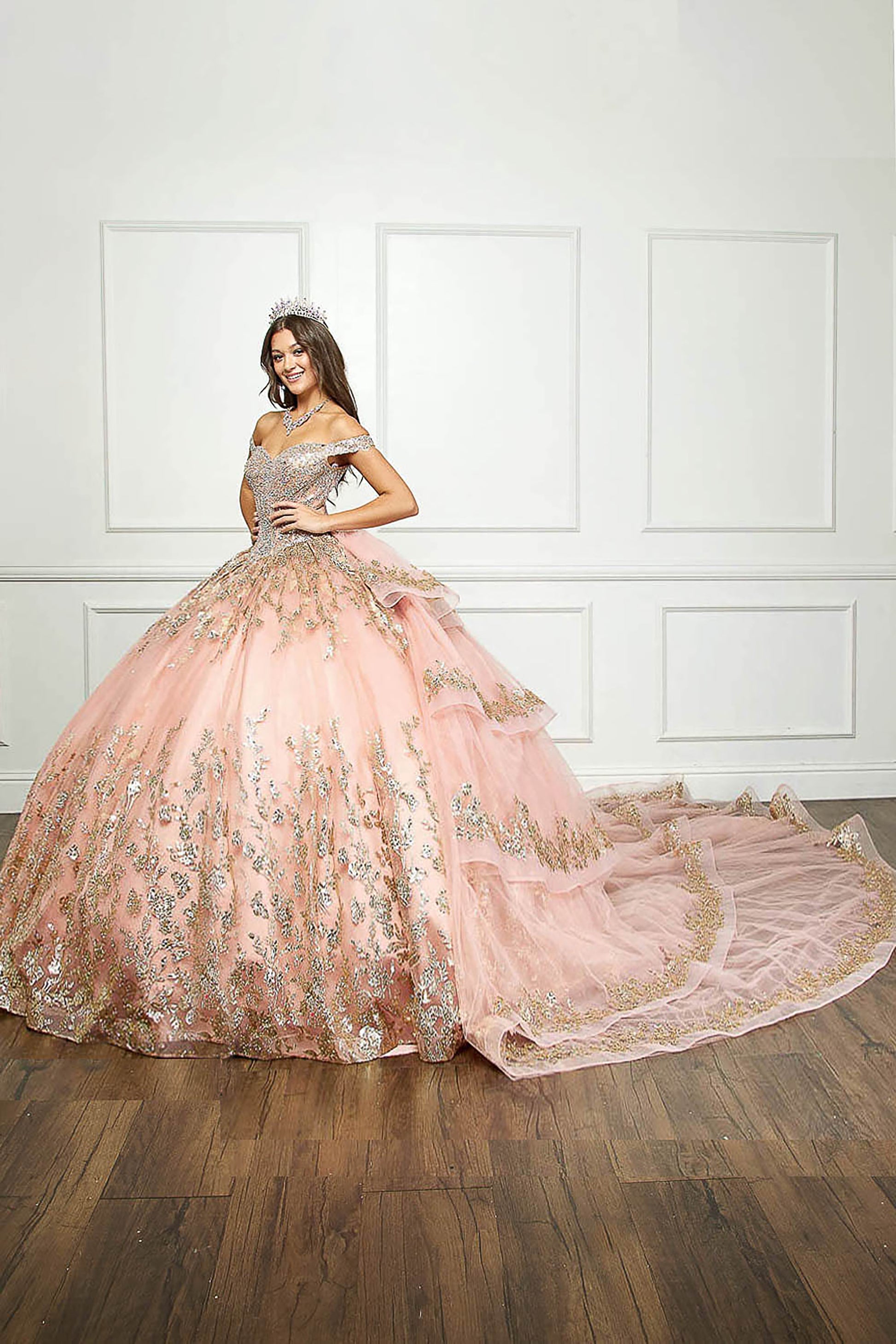 Rose Gold Detachable Train With Stones and Gems See-through Bodice Quince Ball Gown side view