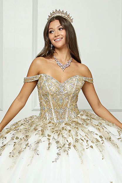 Ivory Gold Detachable Train With Stones and Gems See-through Bodice Quince Ball Gown front zoom