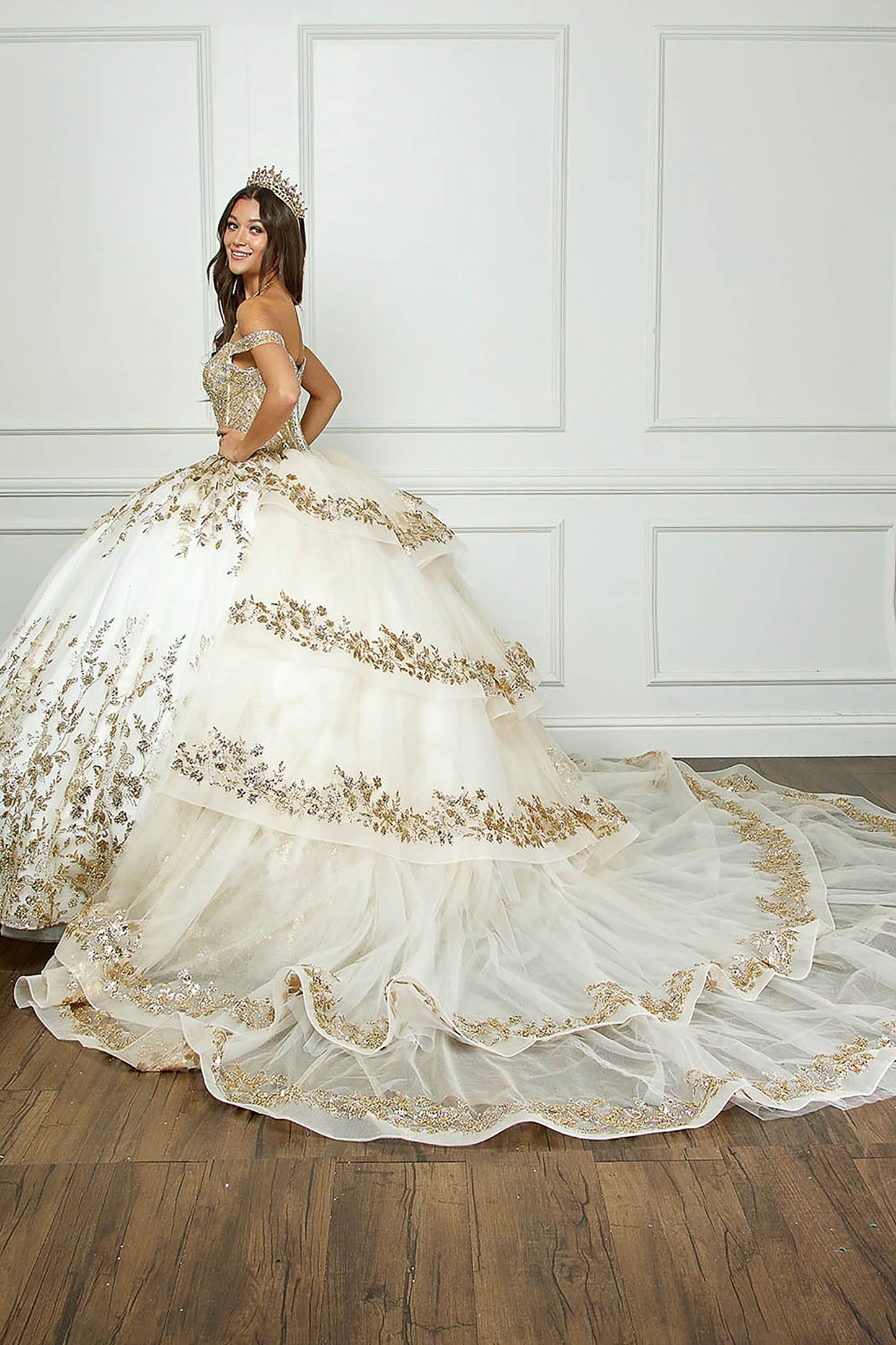 Ivory Gold Detachable Train With Stones and Gems See-through Bodice Quince Ball Gown back view inside