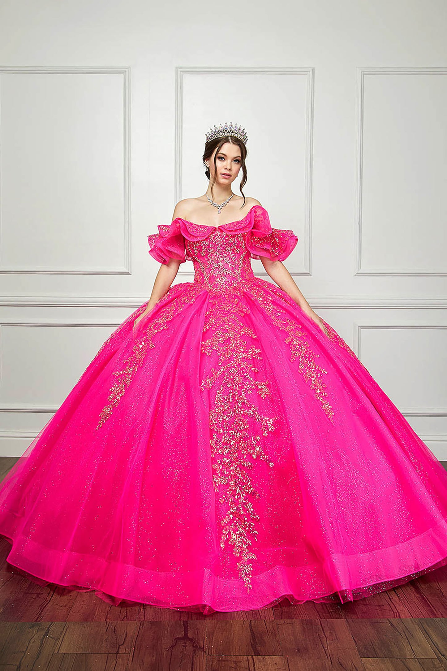 Hot Pink Sequin Ruffle Glittering Ballgown Quince Dress front view indoor