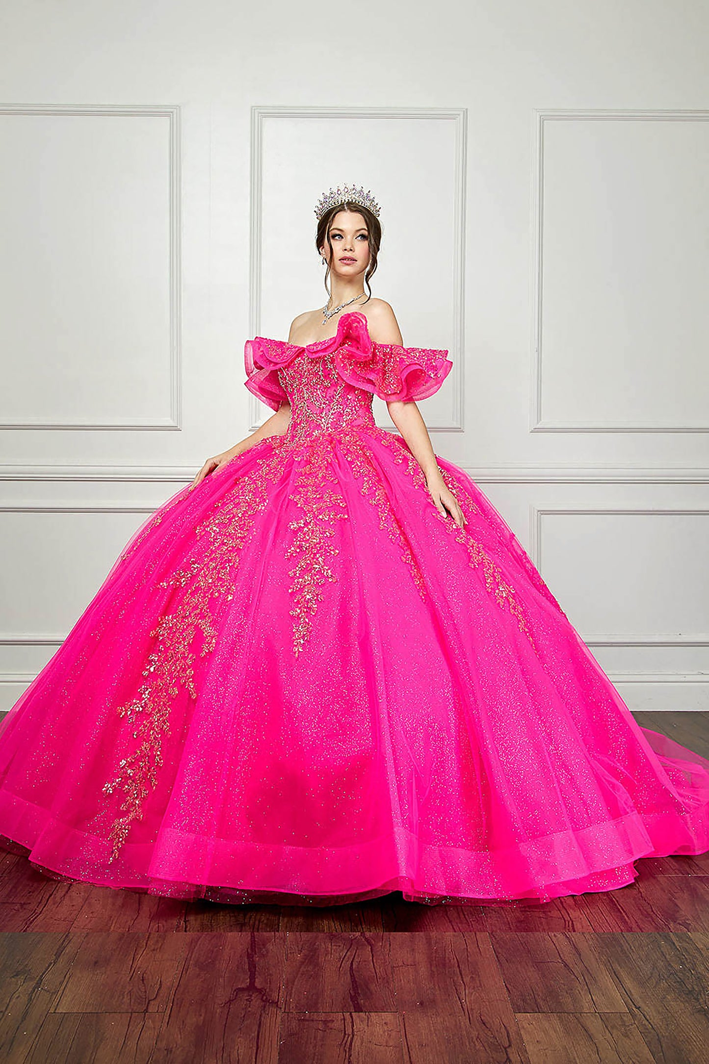 Hot Pink Sequin Ruffle Glittering Ballgown Quince Dress side view indoor