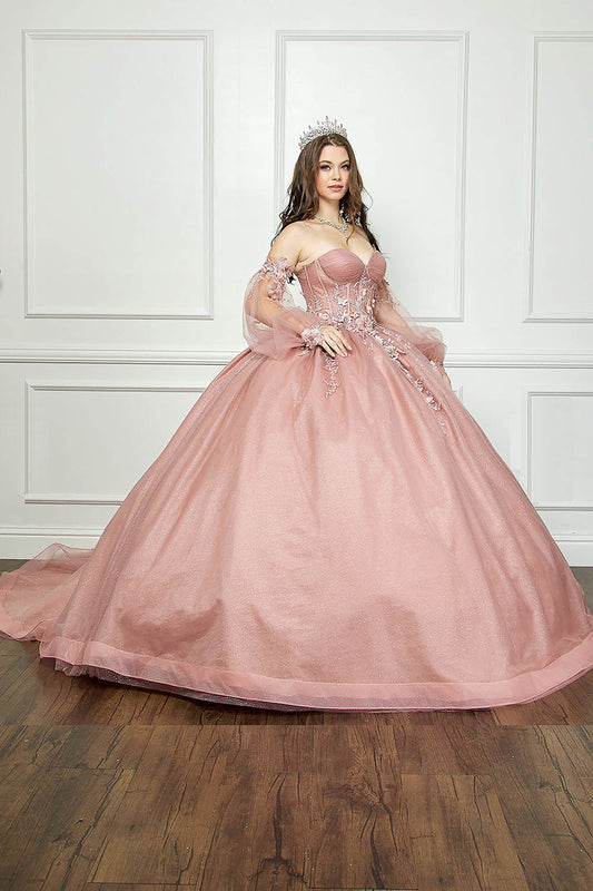 Dusty Rose Off-shoulder 3D Flowers and Gems Ballgown with removable sleeves - front/side view of woman wearing dress