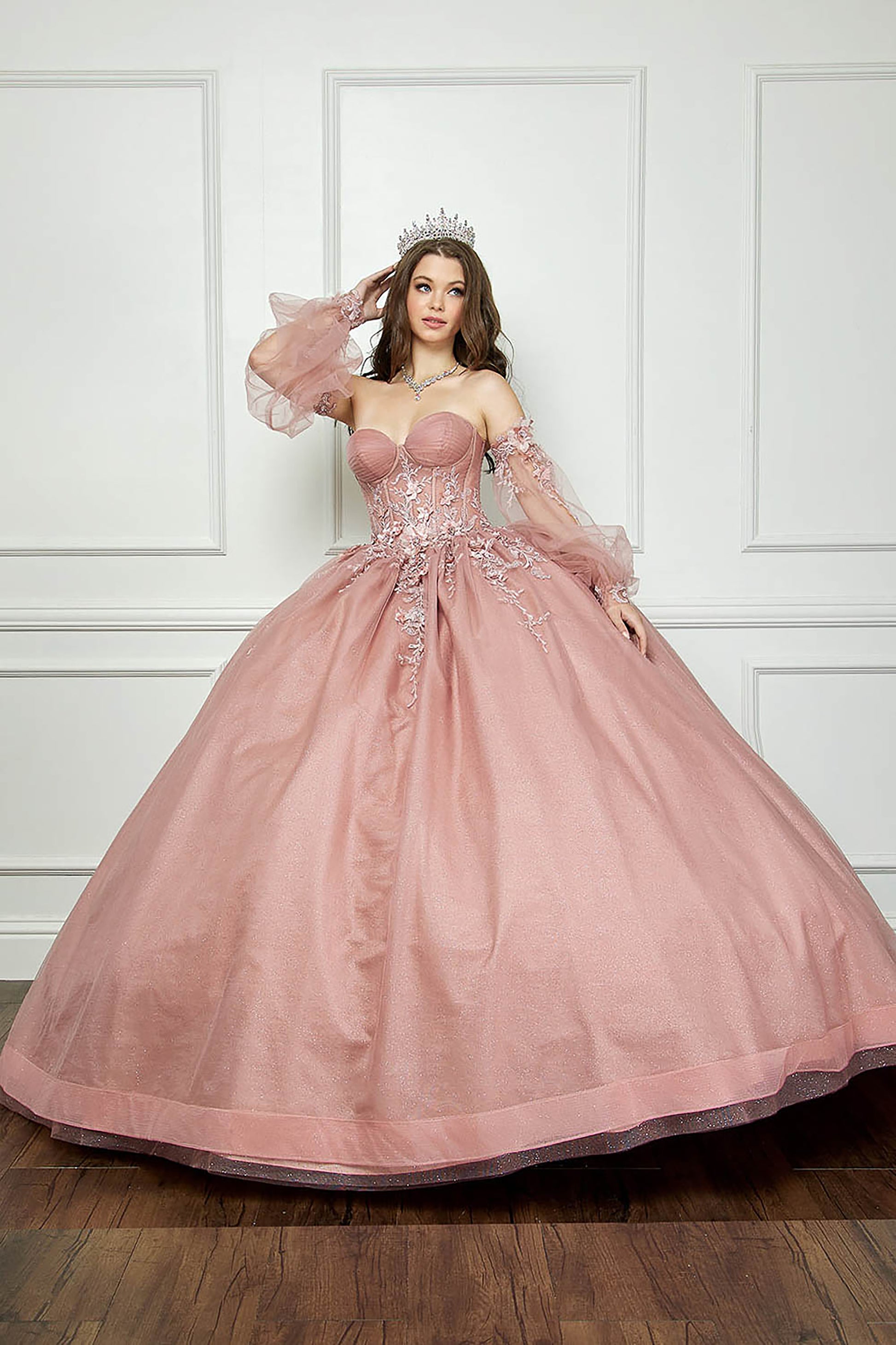 Dusty Rose Off-shoulder 3D Flowers and Gems Ballgown with removable sleeves - full front view of woman wering dress and crown on head