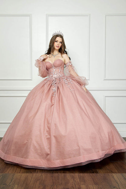 Dusty Rose Off-shoulder 3D Flowers and Gems Ballgown with removable sleeves - front view of woman wearing dress and crown with hand near shoulder