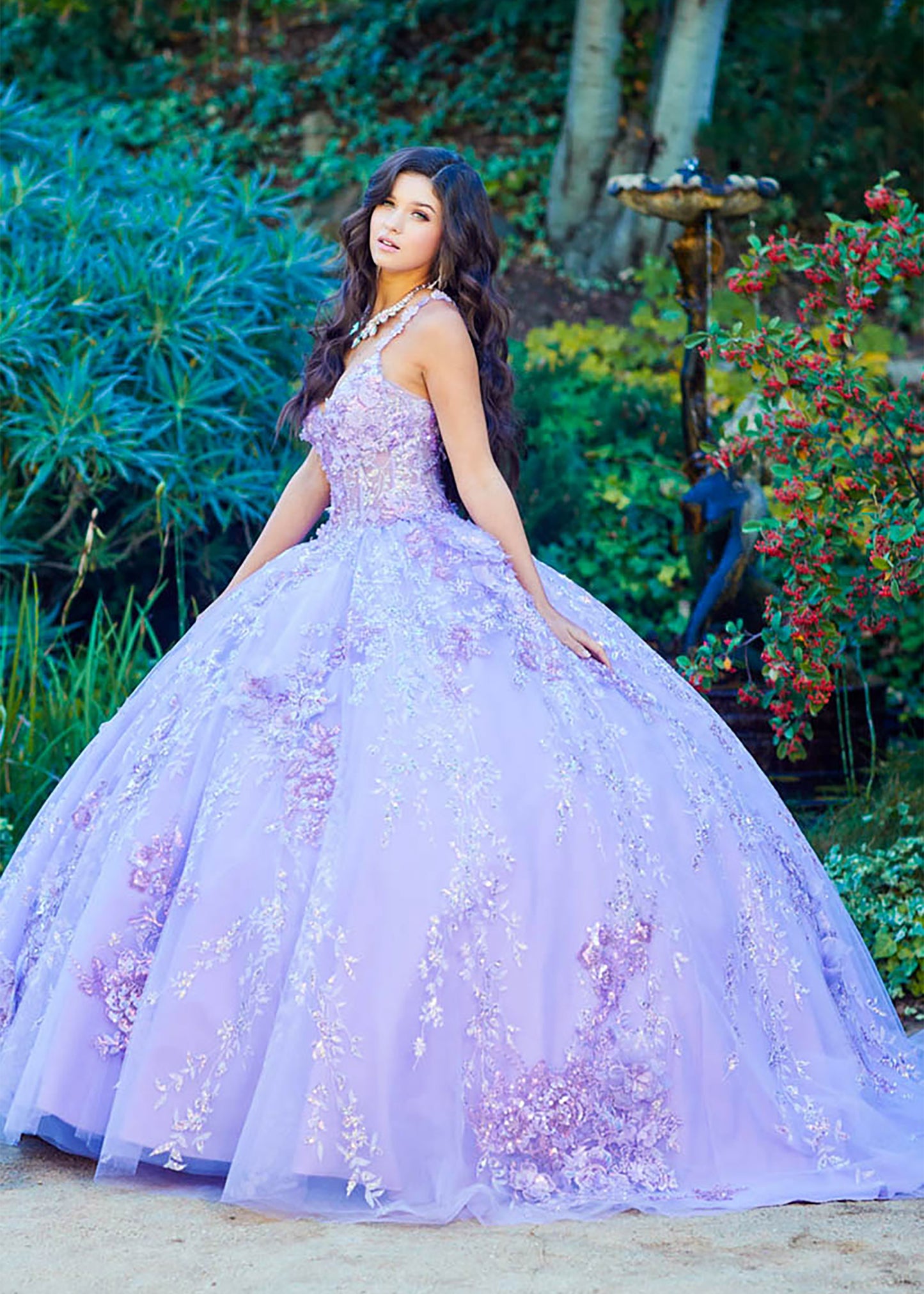 Quinceanera | Lilac 3D flowers Sparkling Rhinestones and Shimmering Sequins with Detachable Sleeves BallGown | Triana dress side