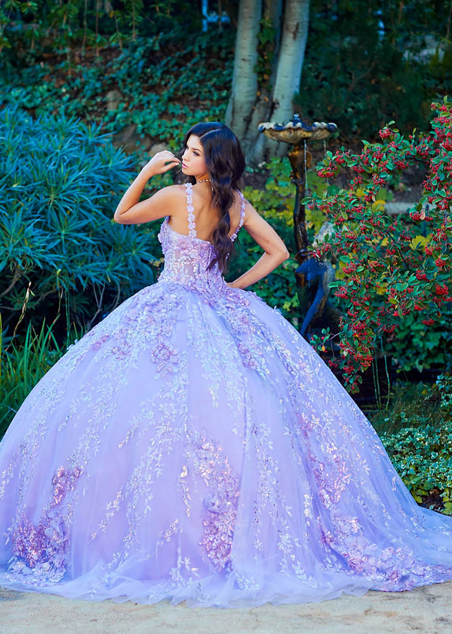 Quinceanera | Lilac 3D flowers Sparkling Rhinestones and Shimmering Sequins with Detachable Sleeves BallGown | Triana dress back view