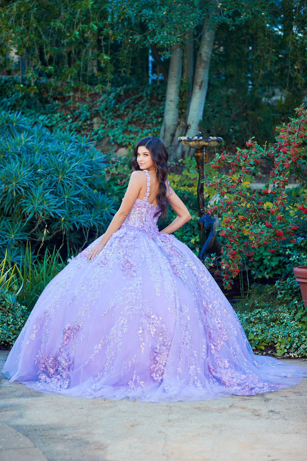 Quinceanera | Lilac 3D flowers Sparkling Rhinestones and Shimmering Sequins with Detachable Sleeves BallGown | Triana dress side back