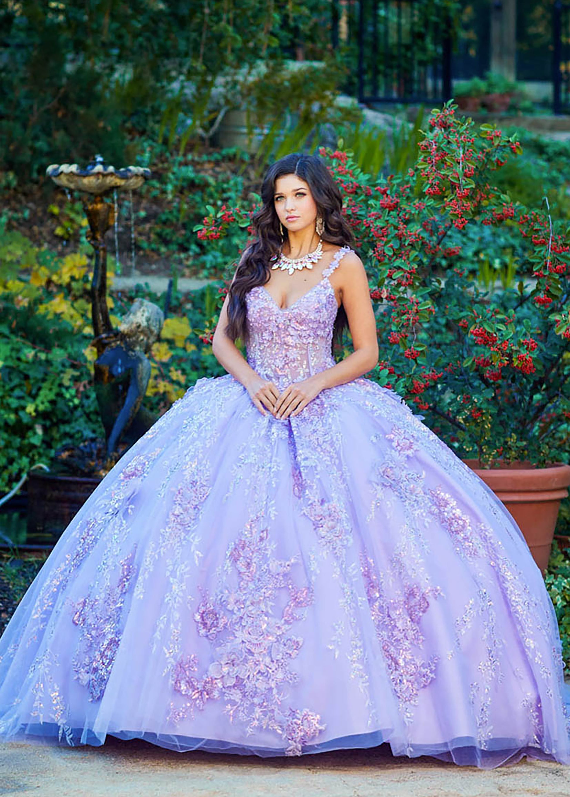 Quinceanera | Lilac 3D flowers Sparkling Rhinestones and Shimmering Sequins with Detachable Sleeves BallGown | Triana dress FRONT