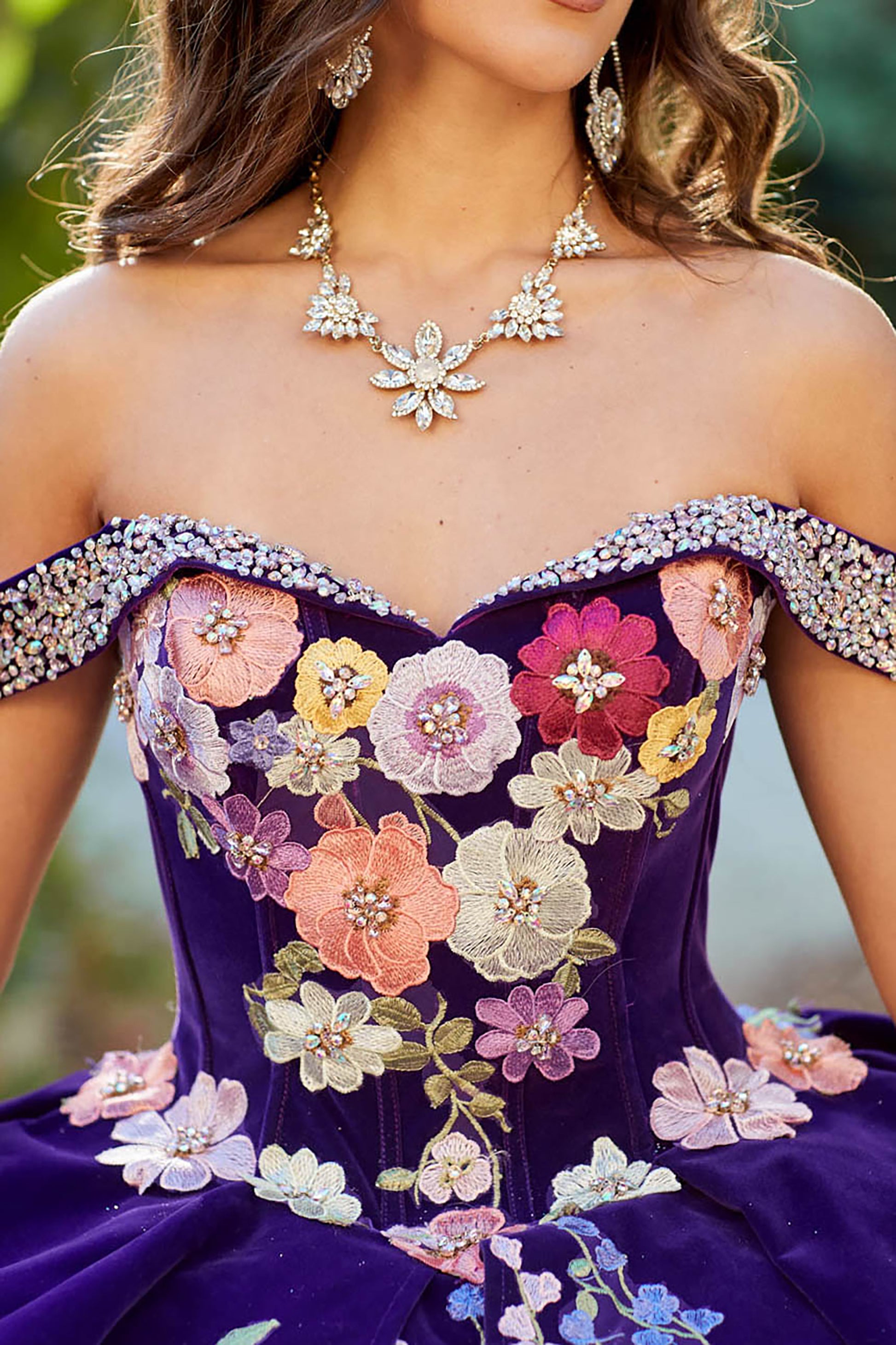 Quinceañera | Purple Charro Multi Colored  Gem detail Floral Velvet with Organza Ruffled overlays Ballgown | Ainara dress front zoom