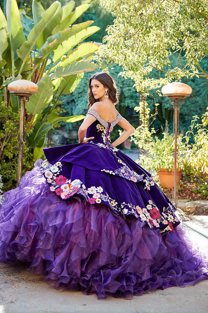 Quinceañera | Purple Charro Multi Colored  Gem detail Floral Velvet with Organza Ruffled overlays Ballgown | Ainara dress back side with earring