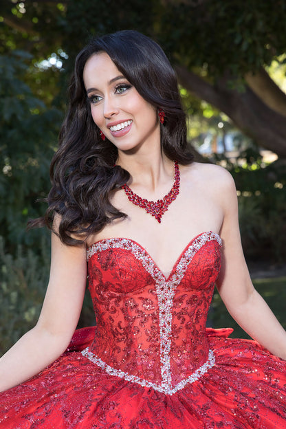 Red Sparkly Sequins and Embellishments See-through Corset Bodice adorned with Shimmering Gems Quince Ballgown front zoom