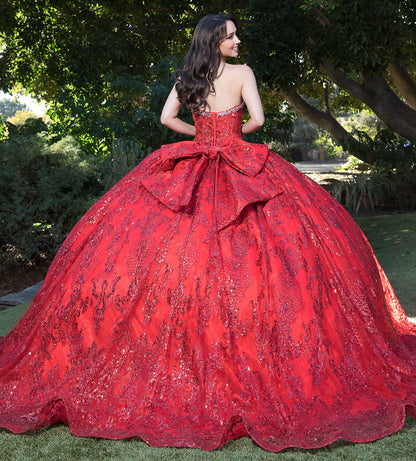 Red Sparkly Sequins and Embellishments See-through Corset Bodice adorned with Shimmering Gems Quince Ballgown back view