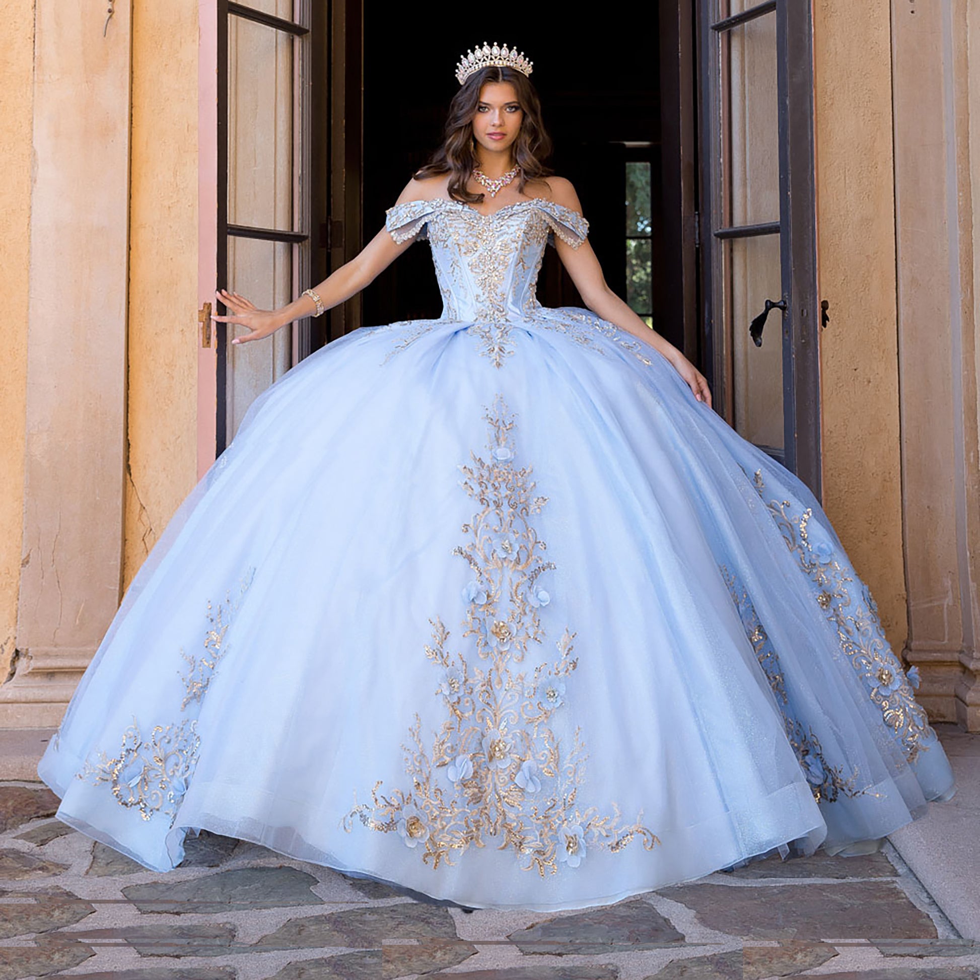 Quinceanera | Blue Cinderella Gold Embroidered with Sequin Detail Cathedral Train Ball Gown | Sapphire dress front whole view