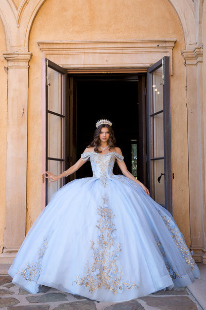 Quinceanera | Blue Cinderella Gold Embroidered with Sequin Detail Cathedral Train Ball Gown | Sapphire dress front view