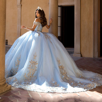 Quinceanera | Blue Cinderella Gold Embroidered with Sequin Detail Cathedral Train Ball Gown | Sapphire dress back side