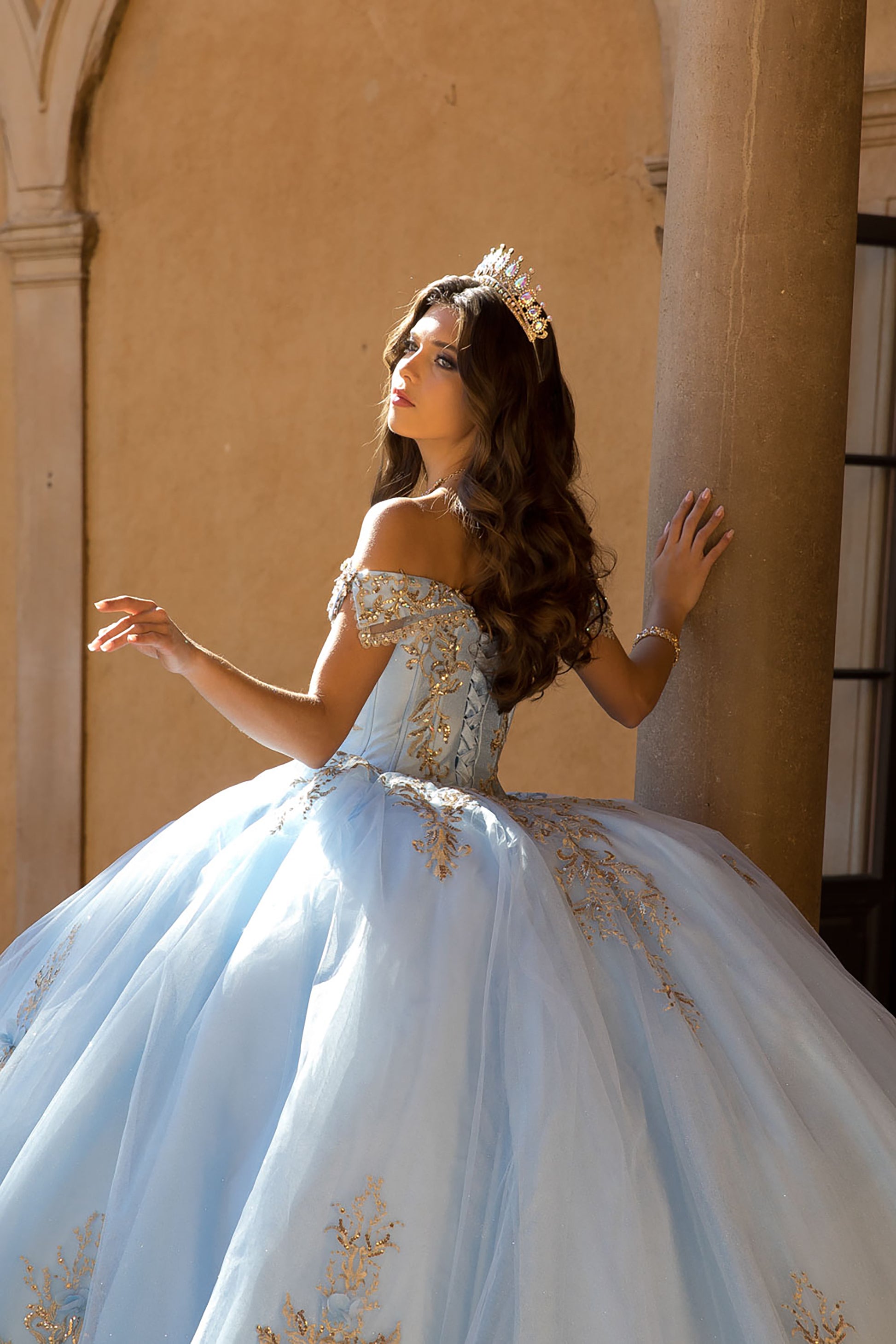 Quinceanera | Blue Cinderella Gold Embroidered with Sequin Detail Cathedral Train Ball Gown | Sapphire dress back zoom