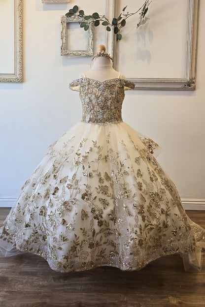 Ivory/Champagne Detachable Long Train with Stones and Gems Mini Quinceanera 3-Anos Dress Front View