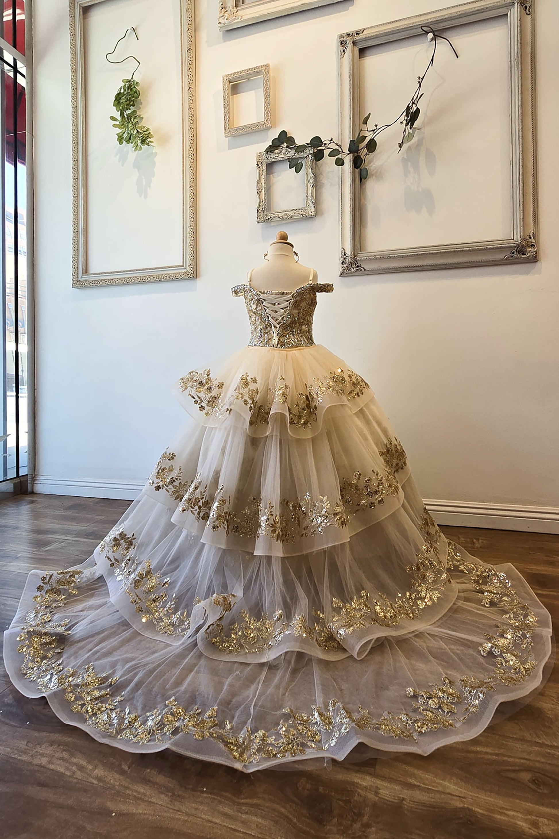 Ivory/Champagne Detachable Long Train with Stones and Gems Mini Quinceanera 3-Anos Dress Back View