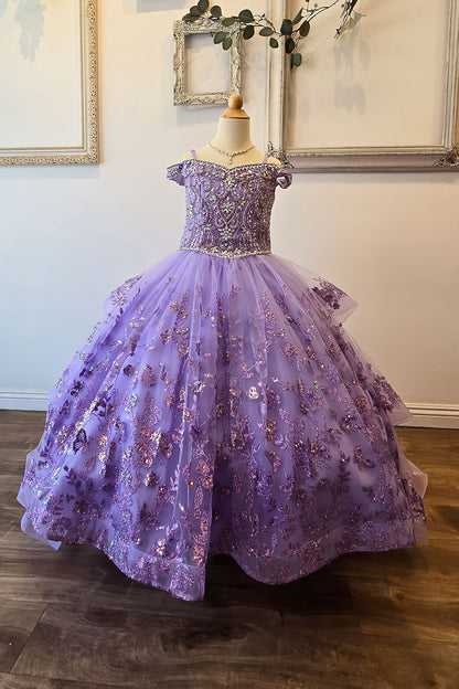 Lilac Detachable Long Train with Stones and Gems Mini Quinceanera 3-Anos Dress Front View