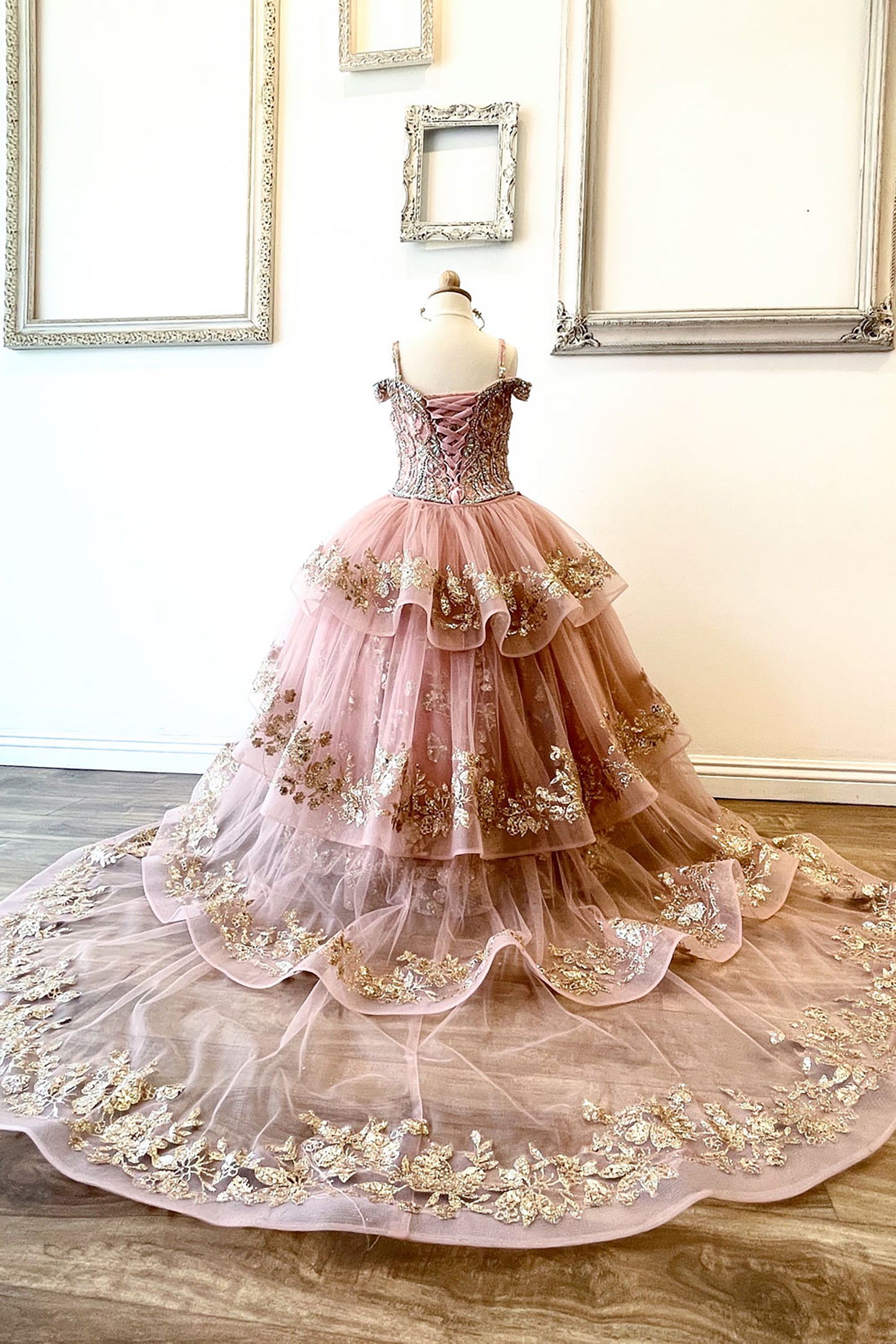 Rose Gold Detachable Long Train with Stones and Gems Mini Quinceanera 3-Anos Dress Back View