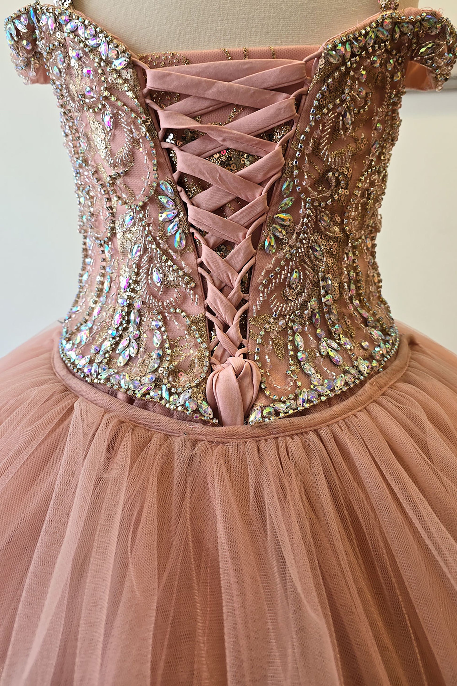 Rose Gold Detachable Long Train with Stones and Gems Mini Quinceanera 3-Anos Dress Zoom Back View