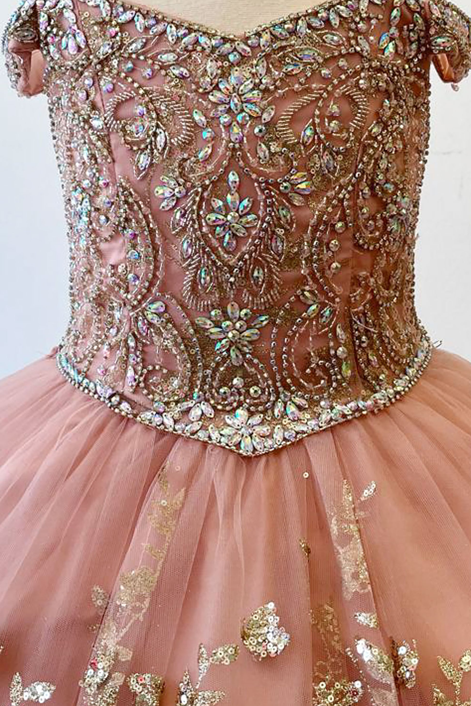 Rose Gold Detachable Long Train with Stones and Gems Mini Quinceanera 3-Anos Dress Close Detailed View