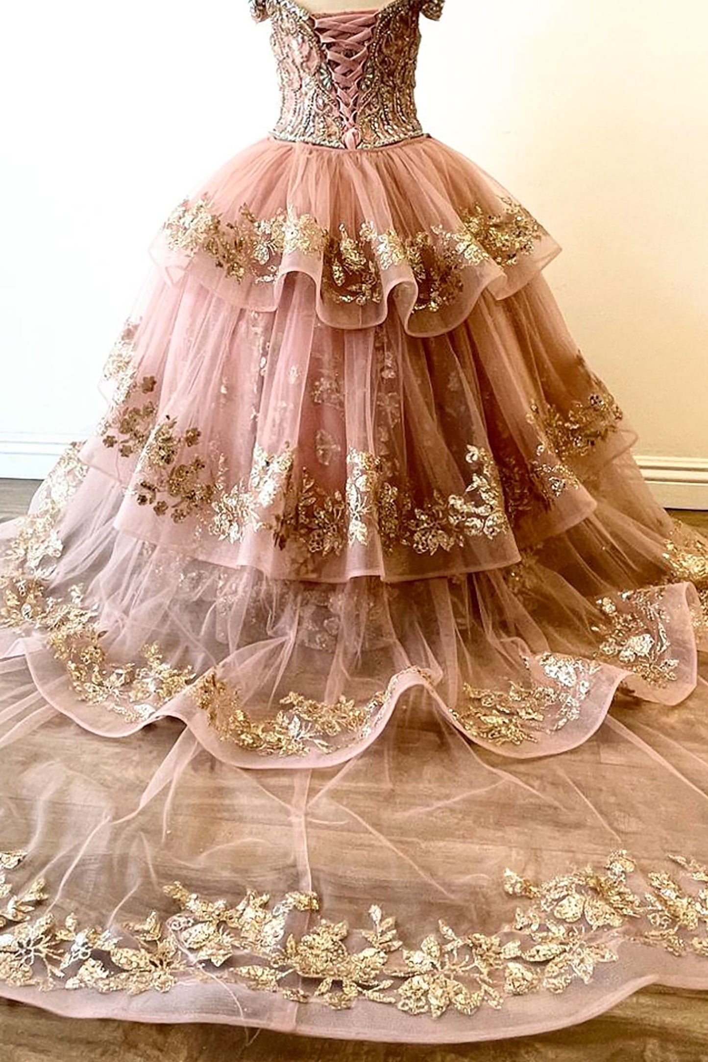 Rose Gold Detachable Long Train with Stones and Gems Mini Quinceanera 3-Anos Dress Back View Skirt on Floor