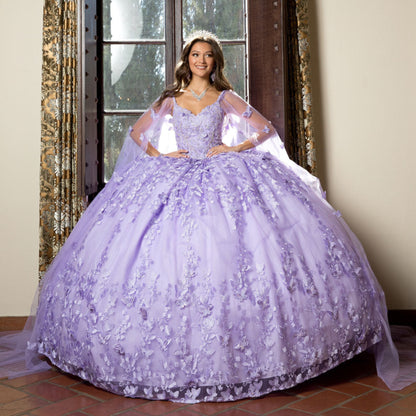 Lilac 3D Butterfly Glitter Quince dress with Stunning Cape