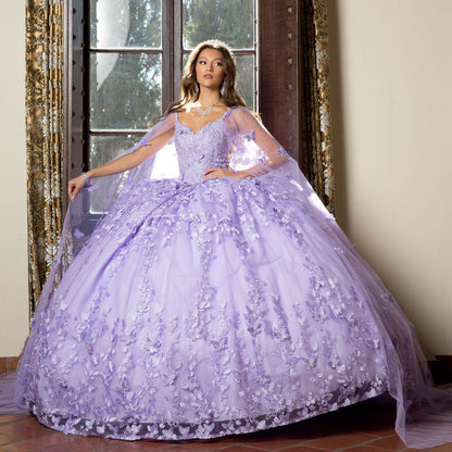 Lilac 3D Butterfly Glitter Quince dress with Stunning Cape front