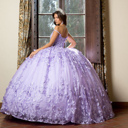 Lilac 3D Butterfly Glitter Quince dress with Stunning Cape back view