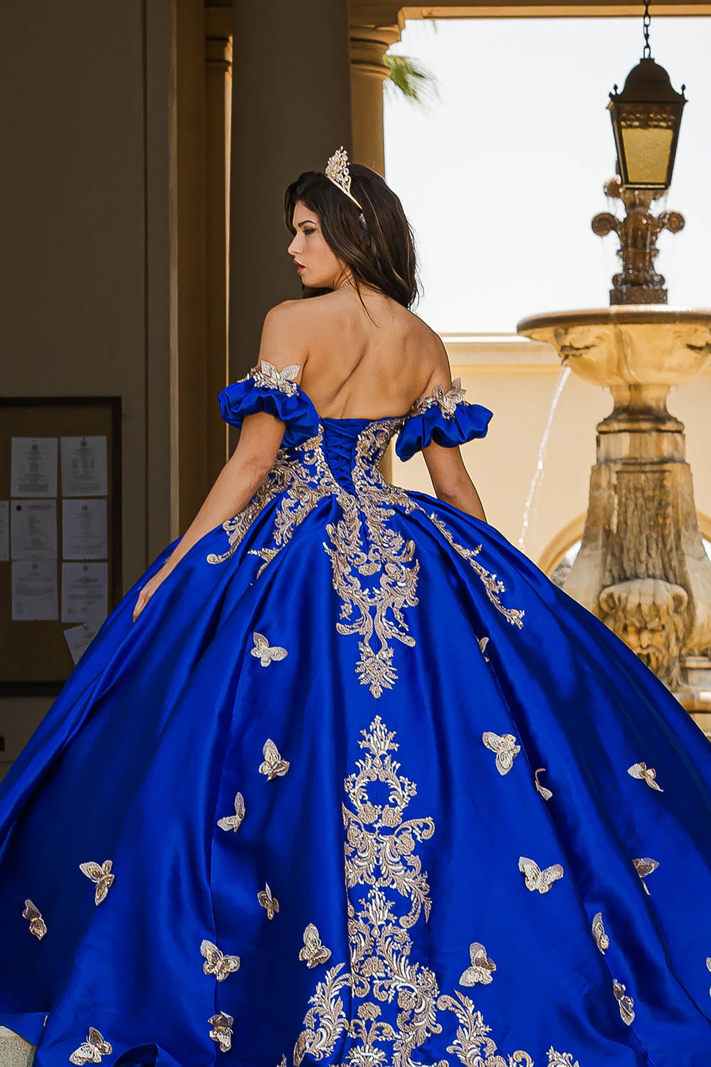 Royal Blue Gold Butterfly Accented Quince dress with Removable Pouf Arm Cuffs back view