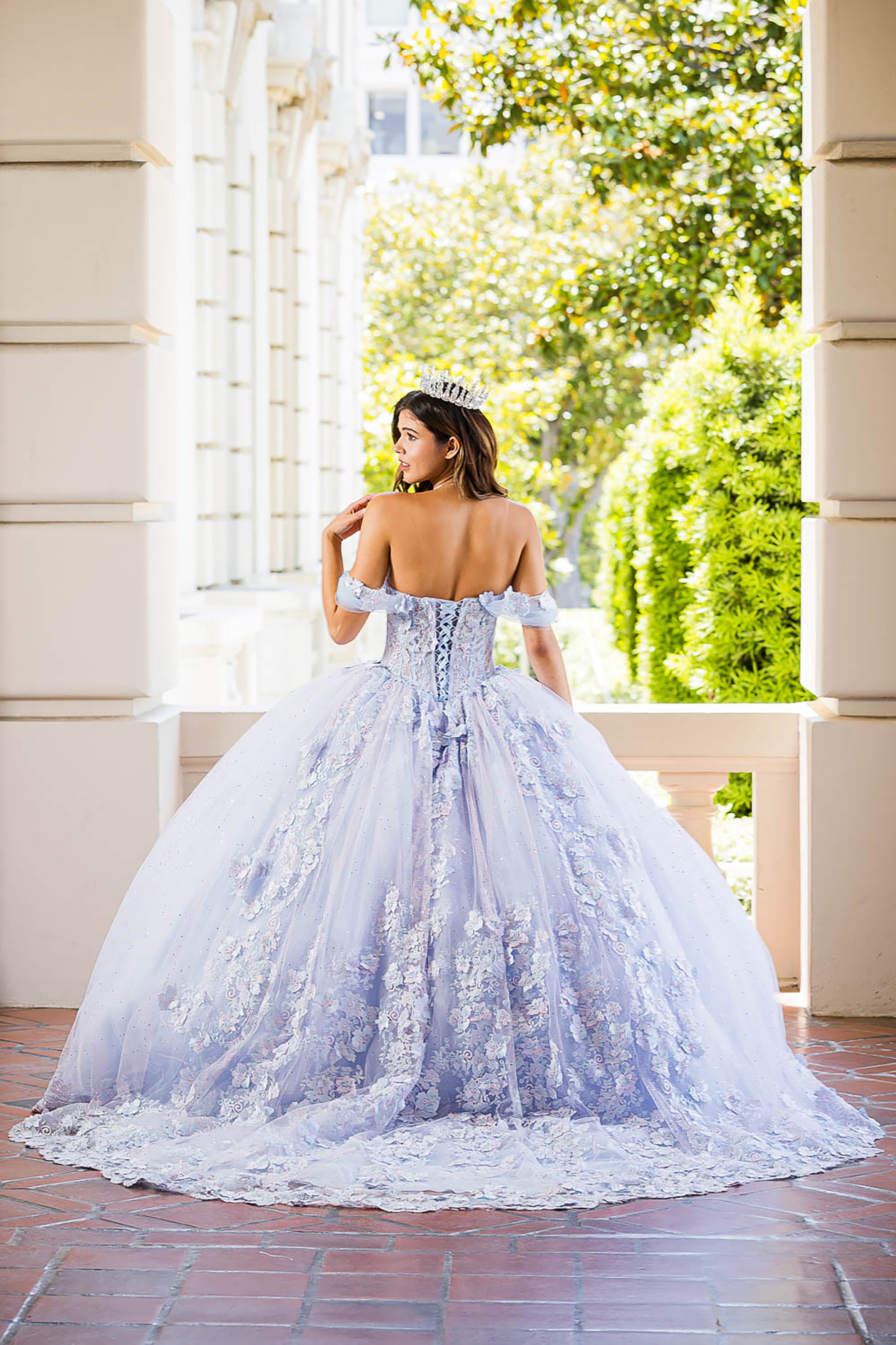 Quinceañera | Blue Two-Tone Quinceañera Dress with See-Through Corset and Detachable Sleeves | Amorah Dress | 2 Colors Available back view