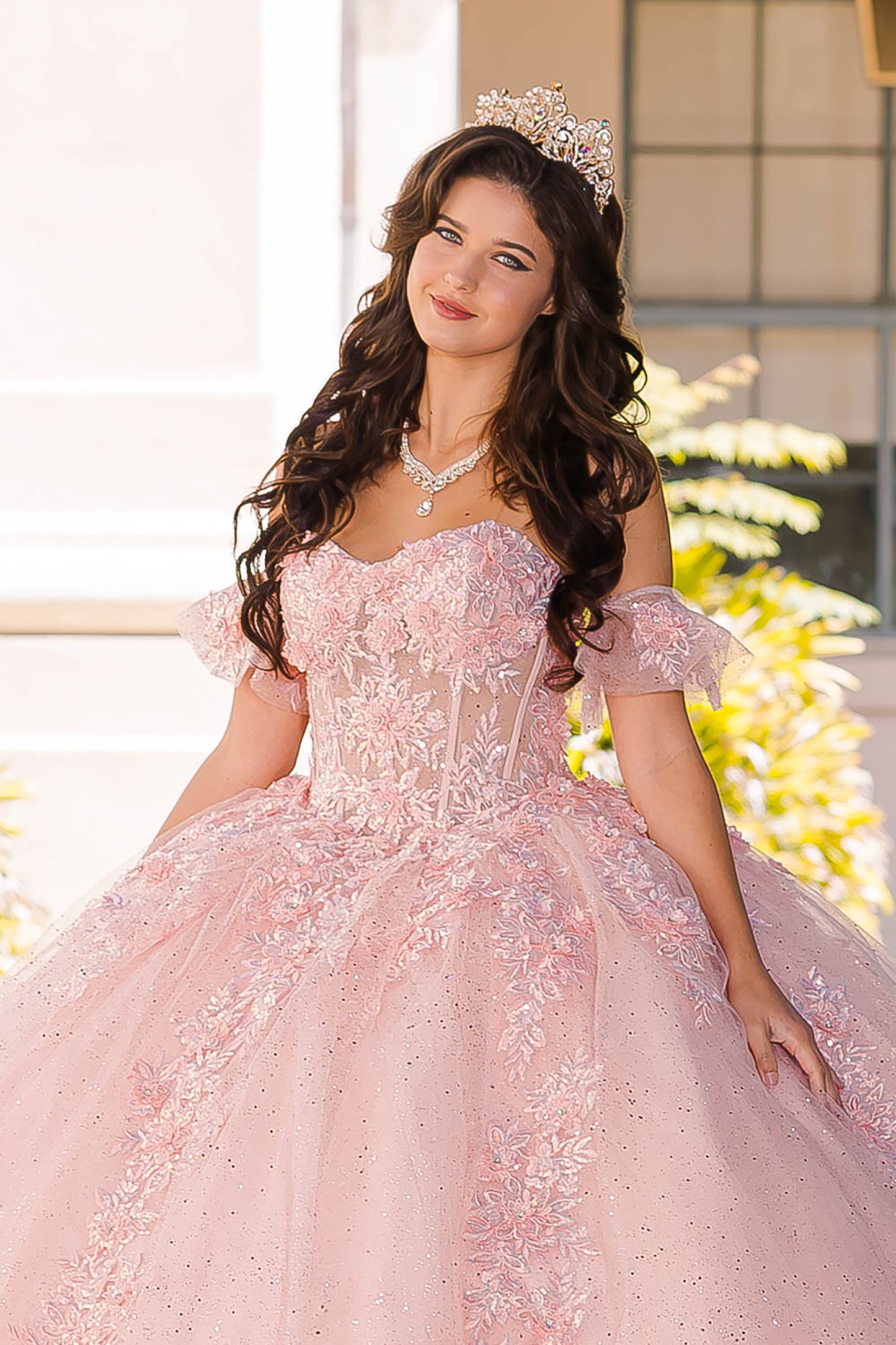 Quinceanera | Blush Sweetheart Strapless Neckline with Bodice Corset with Detachable Puffy Ruffle Sleeves BallGown | Adela dress | 2 Colors Available front zoom