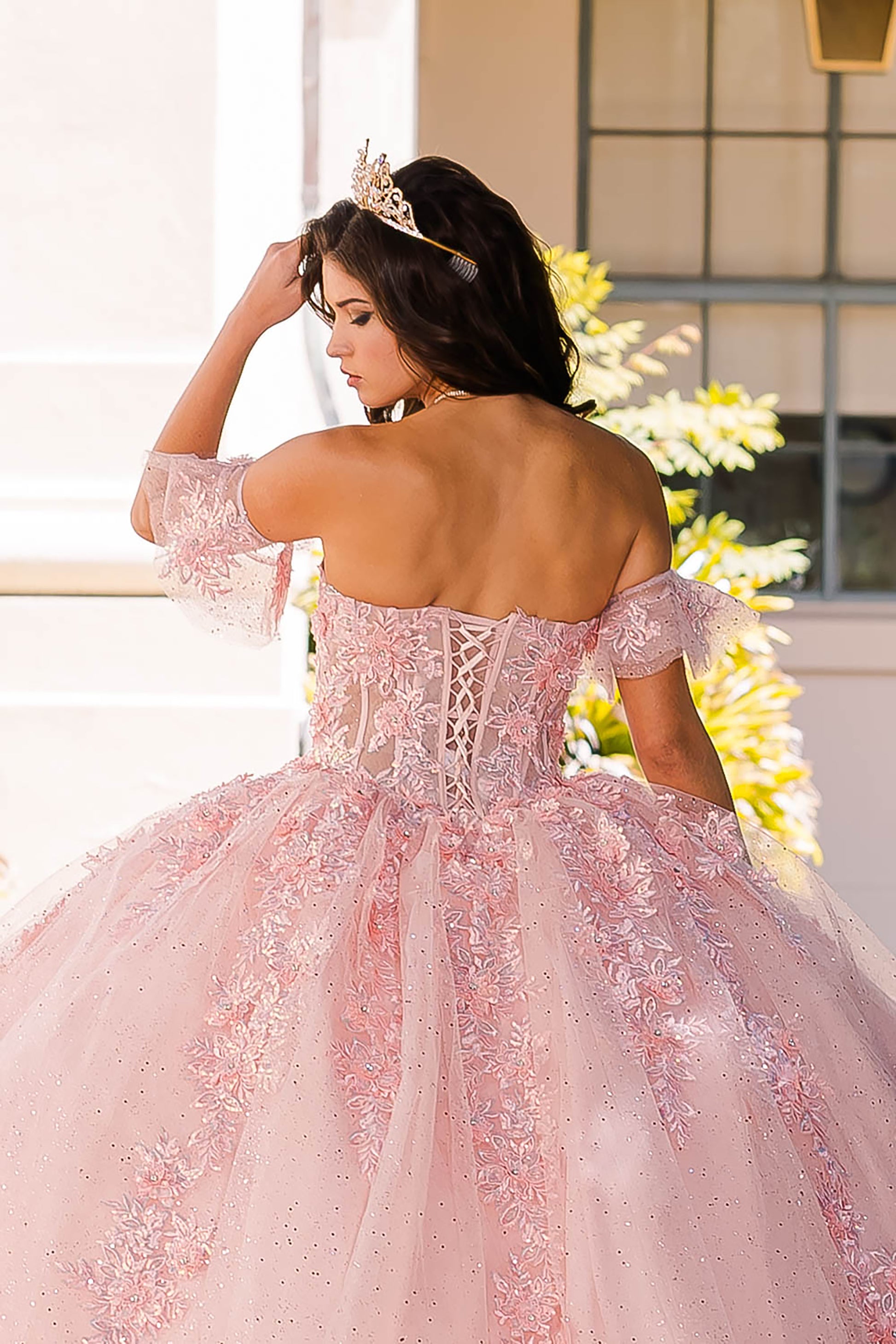 Quinceanera | Blush Sweetheart Strapless Neckline with Bodice Corset with Detachable Puffy Ruffle Sleeves BallGown | Adela dress | 2 Colors Available back view