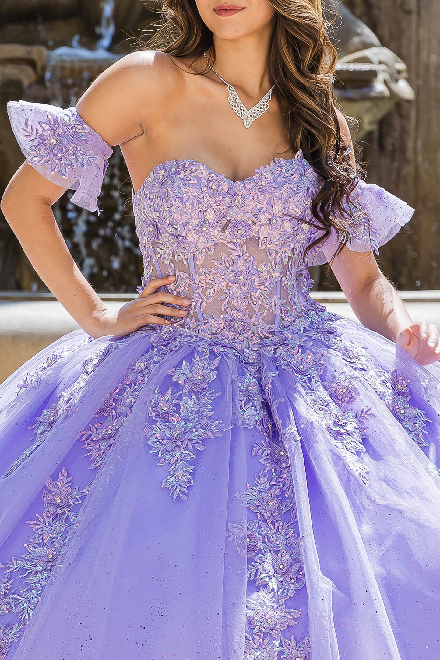 Quinceanera | Lilac Sweetheart Strapless Neckline with Bodice Corset with Detachable Puffy Ruffle Sleeves BallGown | Adela dress | 2 Colors Available front zoom with necklace