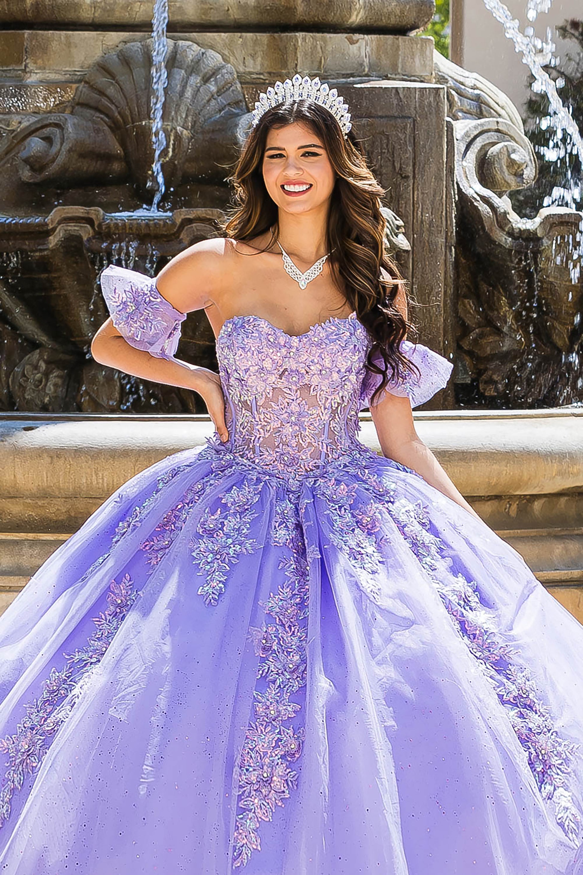 Quinceanera | Lilac Sweetheart Strapless Neckline with Bodice Corset with Detachable Puffy Ruffle Sleeves BallGown | Adela dress | 2 Colors Available front zoom in front of foundation