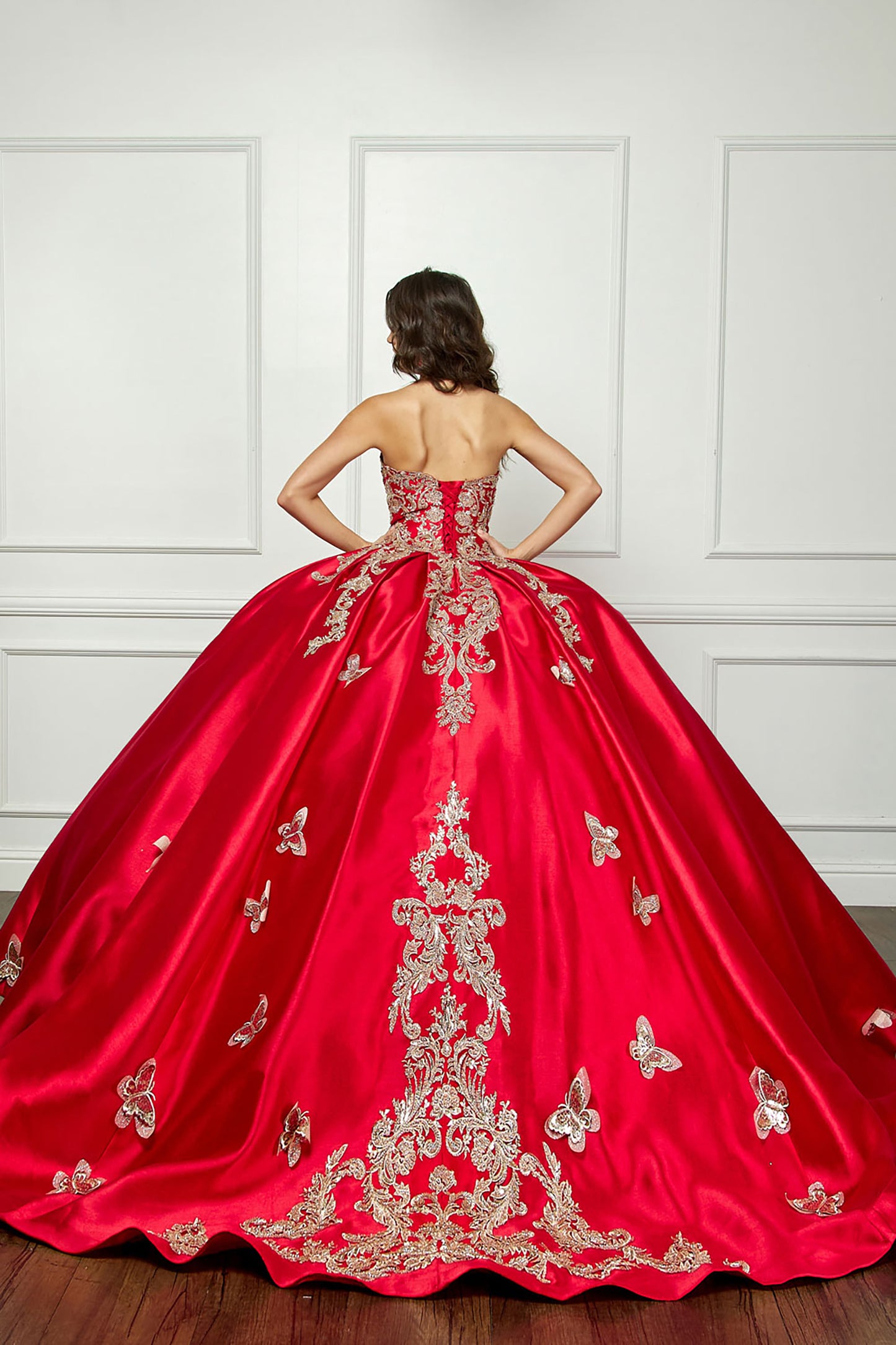 Red Gold Butterfly Accented Quince dress with Removable Pouf Arm Cuffs back view