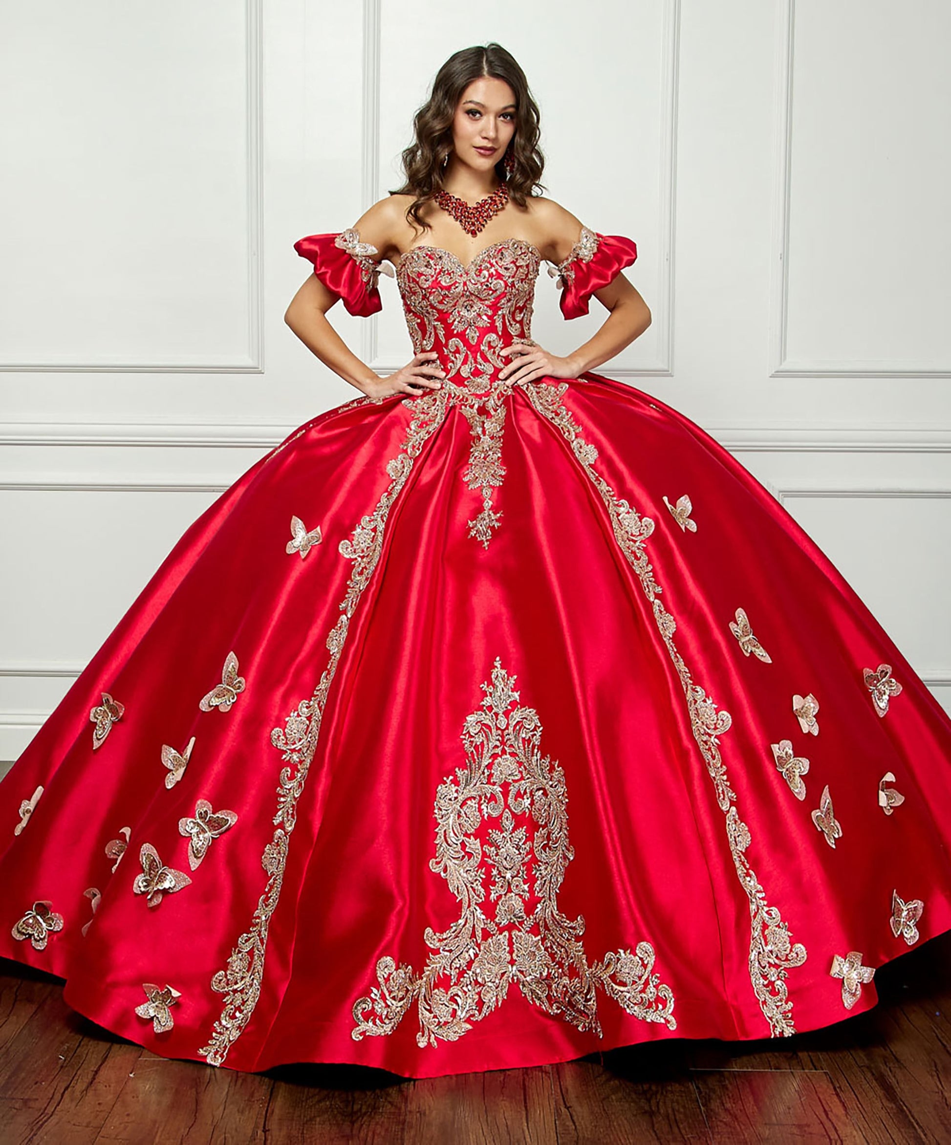 Quinceañera Red Gold Butterfly Accented Quince dress with