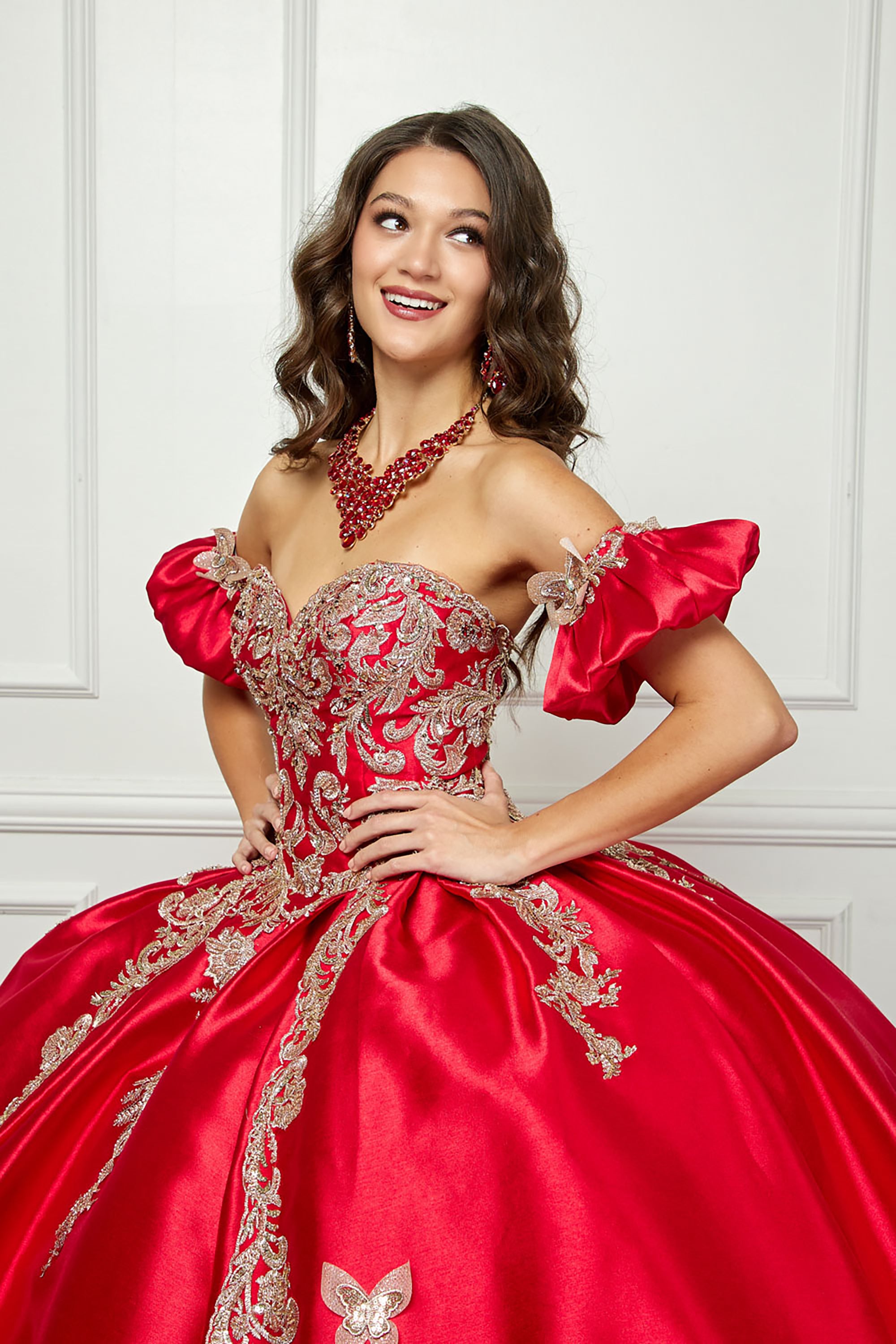 Quinceañera | Red Gold Butterfly Accented Quince dress with Removable –  American Stride