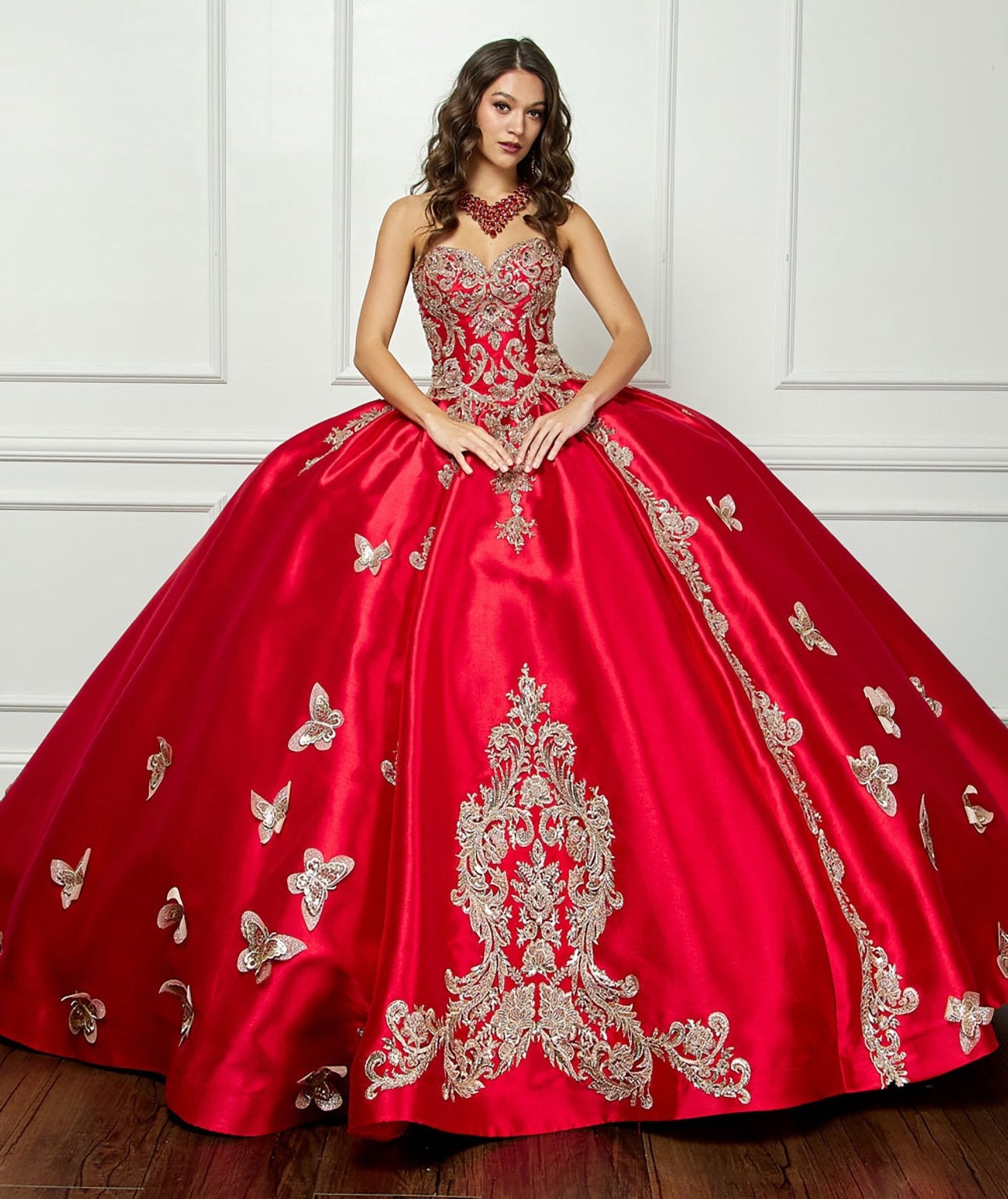 Elegant Red Gold Ball Gown with Butterfly Accents and Detach Cuffs American Stride Elegant Red Gold Ball Gown with Butterfly Accents and Detach Cuffs American Stride