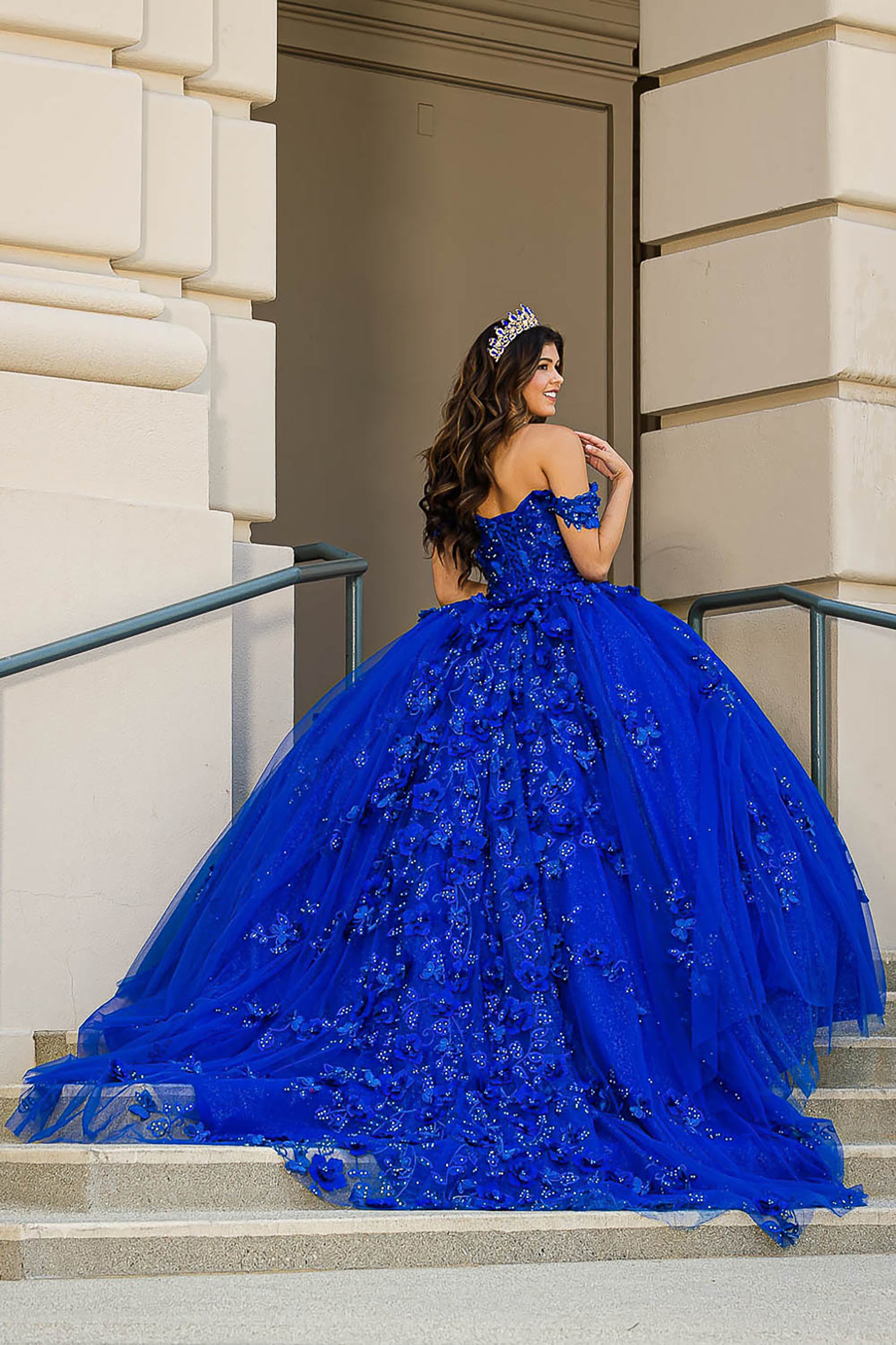 Blue Long Train Off-Shoulder Sequin detail 3D Flower and Butterflies bodice with Sparkle Tulle Quince Dress - back view of woman wearing dress standing on steps